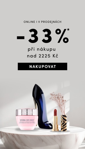 Online sleva 33 % při nákupu nad 2225 Kč, akce platí 7.–9.11.2025. Na obrázku krém Lancôme Hydra Zen, parfém ve tvaru lodičky a rtěnka na světlém pozadí.