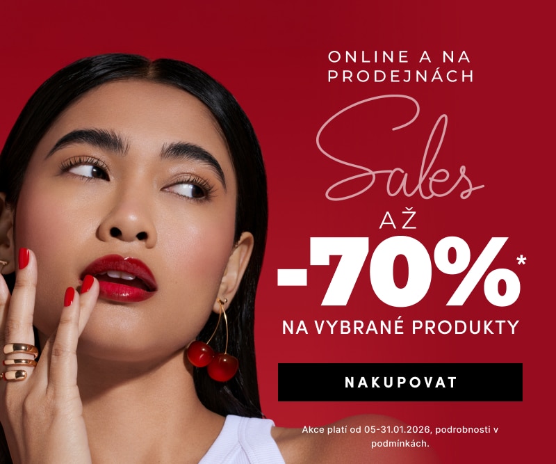 Sleva až 70 % na vybrané produkty online a v prodejnách. Akce platí od 5. do 31. ledna 2026. Tlačítko s textem ‚Nakupovat‘.