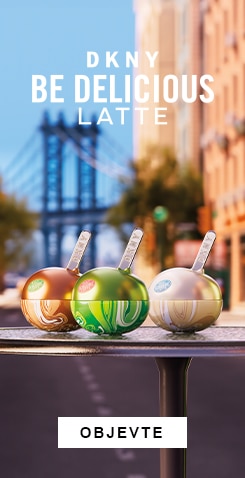 Parfémy DKNY Be Delicious Latte v různých vůních na městském pozadí