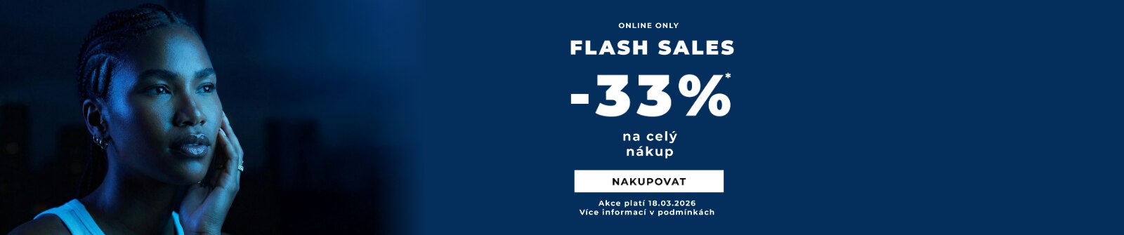 Promo banner Flash Sales se slevou 33 % na celý nákup a tlačítkem Nakupovat.