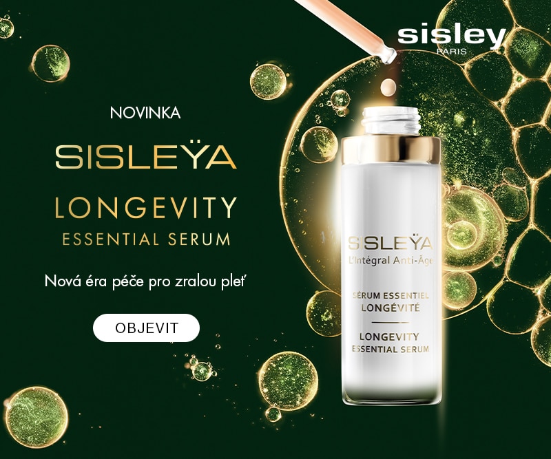 Reklama na sérum SISLEŸA Longevity Essential s textem o péči pro zralou pleť