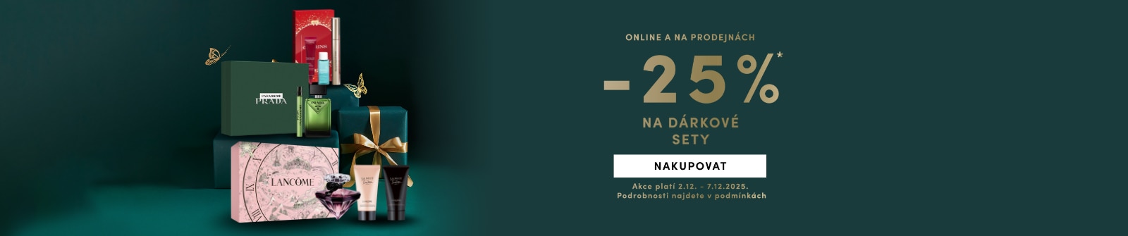 Sleva 25 % na dárkové sety – luxusní kosmetické balíčky Prada, Lancôme a další, akce online i v prodejnách.