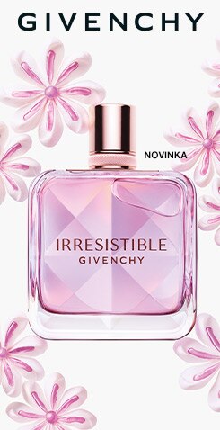 Dámský parfém Irresistible Givenchy v růžovém flakonu s květinovým motivem na světlém pozadí.