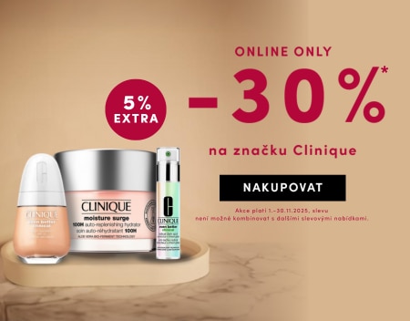 Online sleva 30 % na značku Clinique plus 5 % extra, akce platí 1.–30.11.2025. Na obrázku kosmetické produkty Clinique na béžovém pozadí.