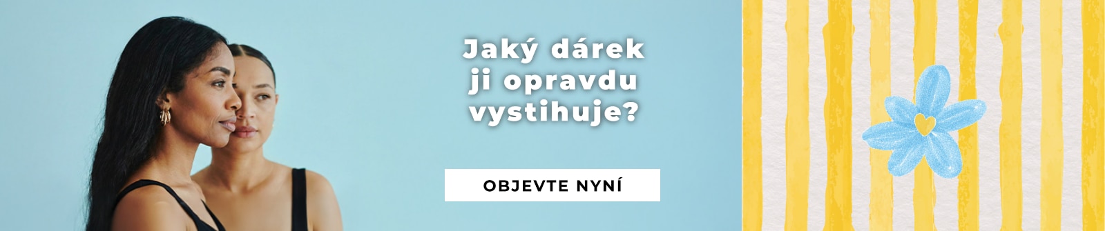 Lifestylový banner s osobami v černých tílkách, výzva k objevování dárků