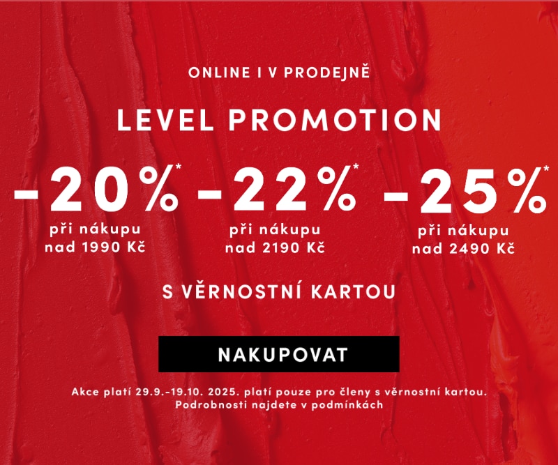 Level promo akce: sleva až 25 % pro členy s věrnostní kartou při nákupu nad 1990 Kč, platí od 29. 9. do 19. 10. 2025.