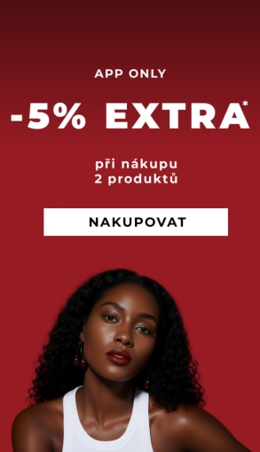 App-only akce: extra sleva 5 % při nákupu 2 produktů, červené pozadí, bílé texty a tlačítko ‚Nakupovat‘.