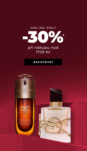 Online sleva -30 % při nákupu nad 1729 Kč, Clarins Double Serum a parfém Yves Saint Laurent na červeném pozadí.