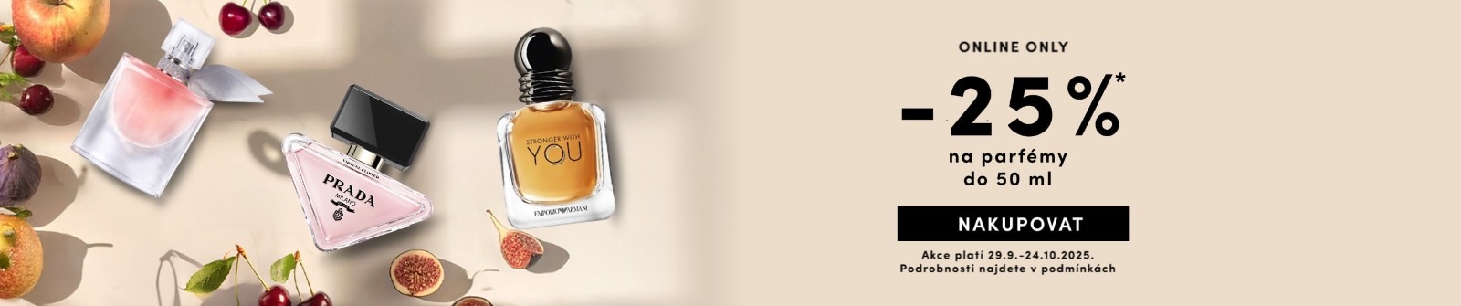 Online akce: sleva 25 % na parfémy do 50 ml od značek Prada, Giorgio Armani a Lancôme. Platí od 29. 9. do 24. 10. 2025.