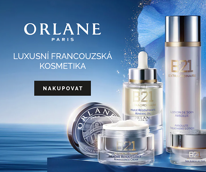 Luxusní francouzská kosmetika Orlane – řada B21 s pleťovým sérem, regeneračním olejem a krémem na modrém elegantním pozadí.