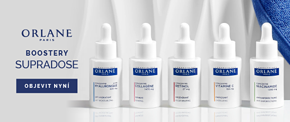 Orlane Supradose boostery – koncentráty s kyselinou hyaluronovou, kolagenem, retinolem, vitamínem C a niacinamidem na elegantním bílém pozadí.