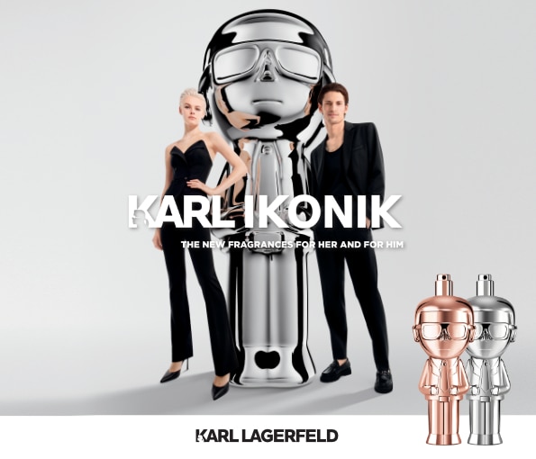 Karl Lagerfeld Karl Ikonik – nové vůně pro ni i pro něj, designové flakony ve tvaru ikonické postavy v stříbrné a měděné barvě.