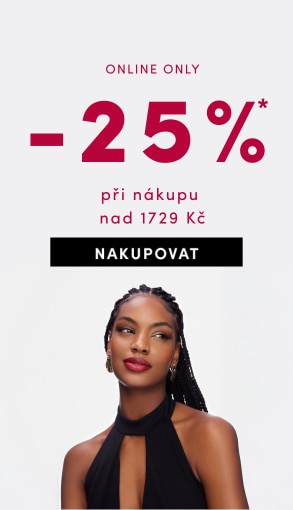 Online sleva 25 % při nákupu nad 1 729 Kč. Světlé pozadí s výrazným červeným textem a černým tlačítkem Nakupovat