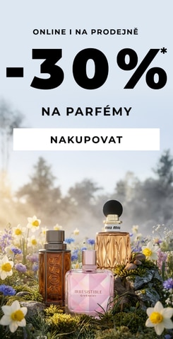 Výběr značkových parfémů s květinovým pozadím, sleva −30 % online i na prodejnách.