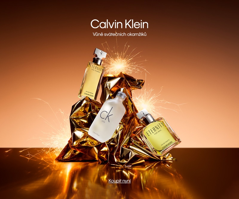 Luxusní parfémy Calvin Klein Eternity a CK One ve svátečním balení s jiskřivým pozadím.
