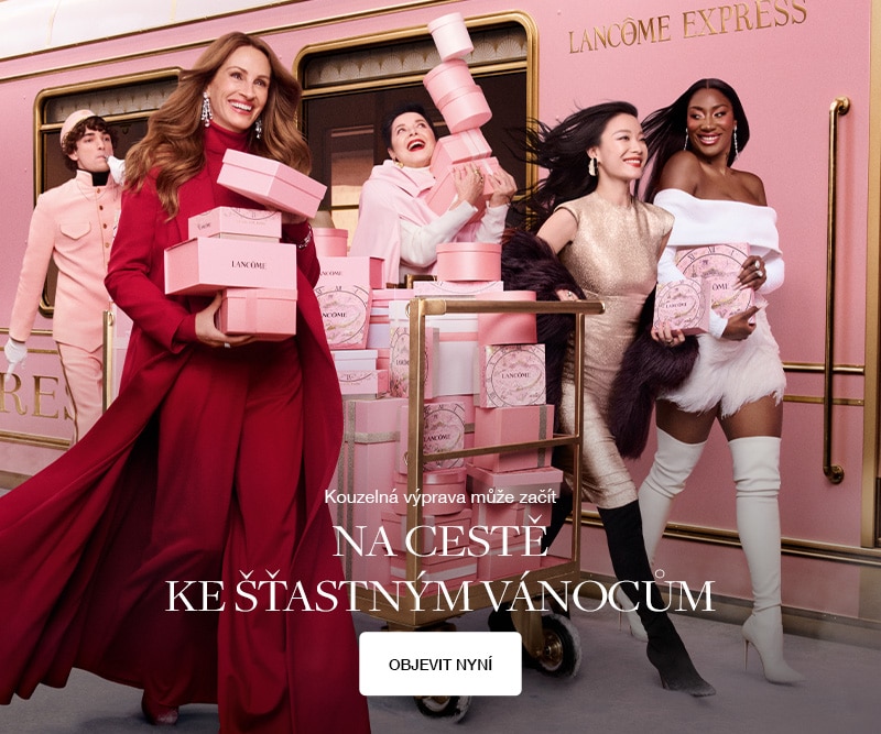 Luxusní růžové dárkové krabičky Lancôme na stylovém růžovém vlaku Lancôme Express – vánoční kolekce kosmetiky.