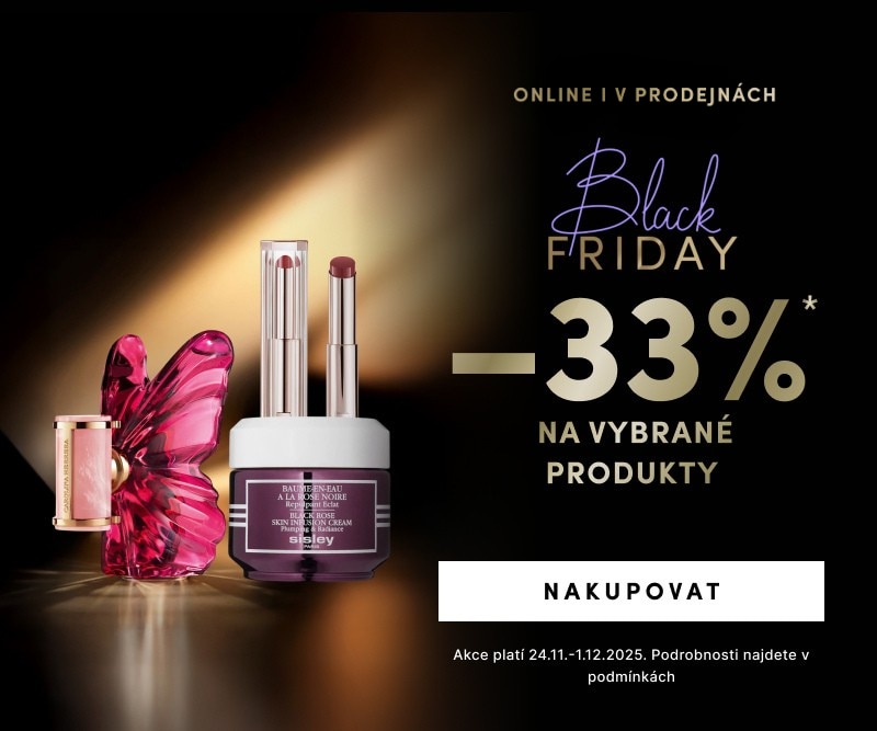 Black Friday sleva 33 % na vybrané produkty – luxusní kosmetika Sisley a parfém v růžovém flakonu. Online nabídka platí 24.11.–1.12.2025.