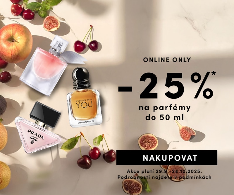 Online akce: sleva 25 % na parfémy do 50 ml od značek Prada, Giorgio Armani a Lancôme. Platí od 29. 9. do 24. 10. 2025.