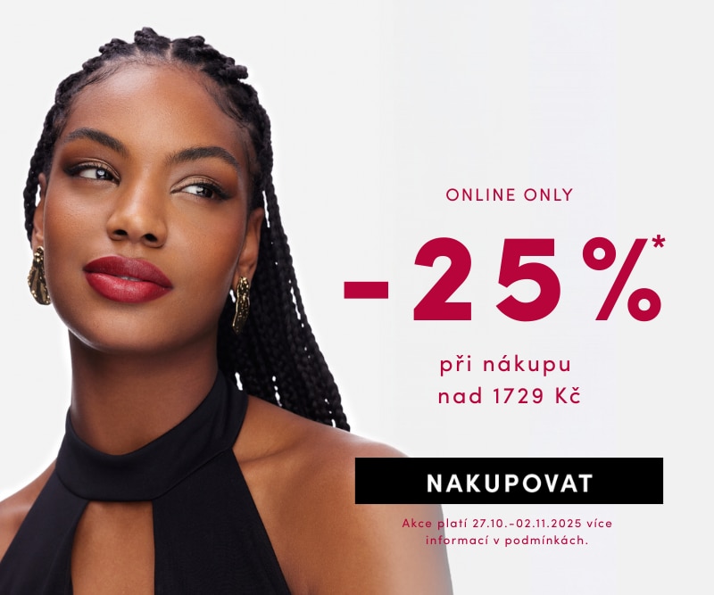Online sleva 25 % při nákupu nad 1729 Kč, platná od 27.10. do 02.11.2025. Obrázek osoby s copánky a zlatými náušnicemi.