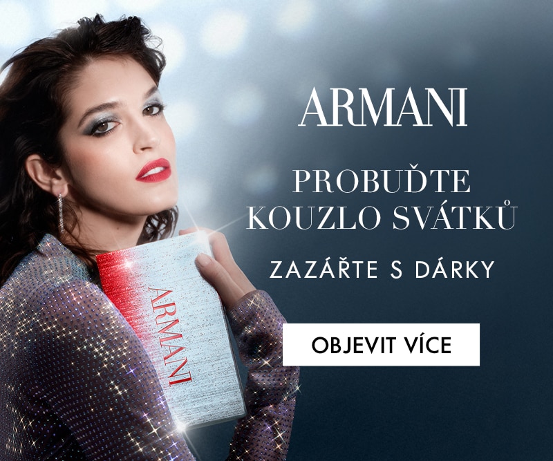 Dárkový balíček Armani s vánočním designem a sloganem ‚Probuďte kouzlo svátků‘ na elegantním pozadí.