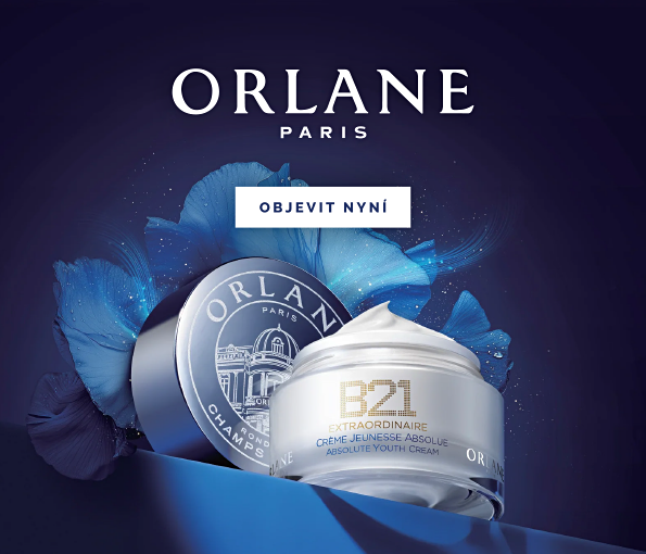 Luxusní pleťový krém Orlane B21 Extraordinaire na modrém květinovém pozadí – prémiová francouzská kosmetika pro omlazení pleti