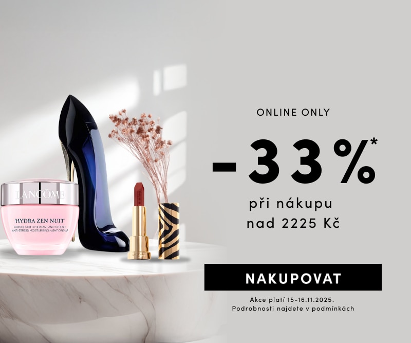 Online sleva 33 % na nákup nad 2225 Kč – luxusní kosmetika Lancôme Hydra Zen Nuit, rtěnka a parfém Carolina Herrera Good Girl. Akce platí 15.–16.11.2025, pouze online.