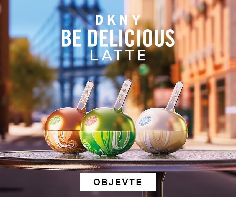 Parfémy DKNY Be Delicious Latte v různých vůních na městském pozadí