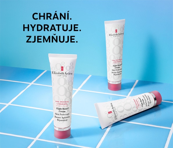 Elizabeth Arden Eight Hour Cream – hydratační a ochranný krém na modrém pozadí s textem chrání, hydratuje, zjemňuje