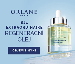 Orlane B21 Extraordinaire regenerační olej s kapátkem na světle modrém pozadí – luxusní francouzská pleťová péče.