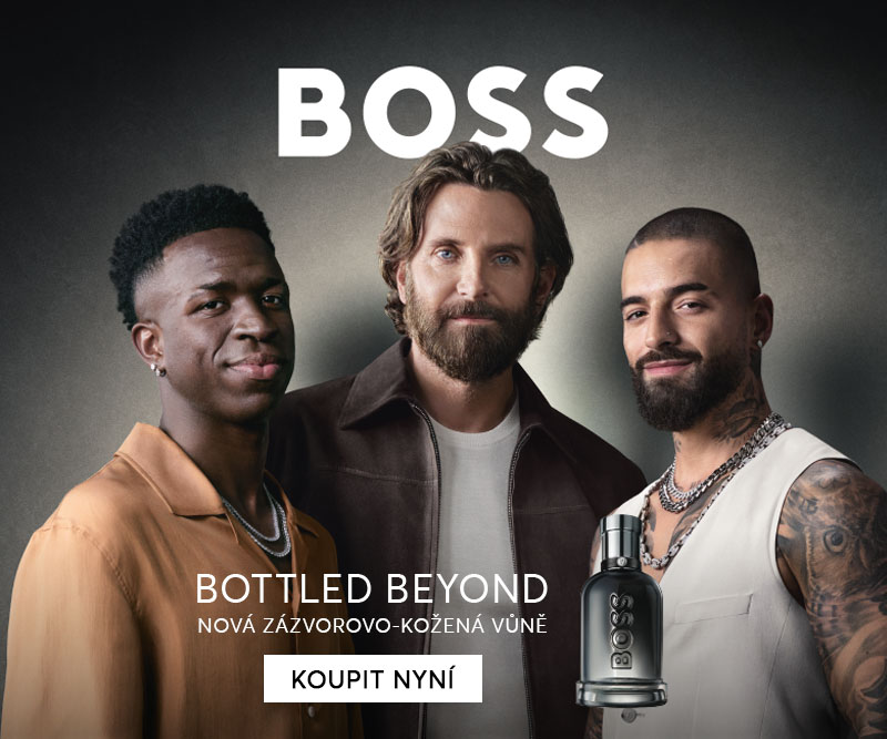 Reklama na parfém BOSS s třemi muži a textem o nové zázvorovo-kožené vůni