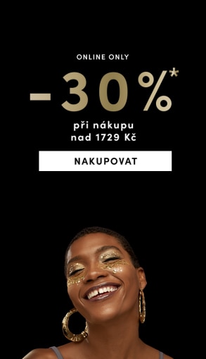 Online sleva 30 % při nákupu nad 1729 Kč, akce platí 3.–6.11.2025. Černé pozadí s textem a zlatými kruhovými náušnicemi, tlačítko Nakupovat.