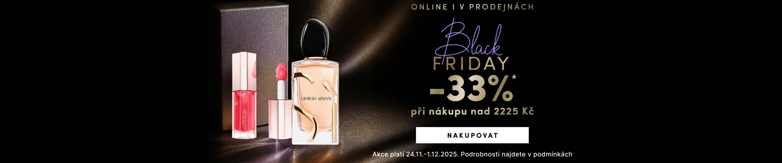 Black Friday sleva -33 % při nákupu nad 2225 Kč: parfém Giorgio Armani a luxusní lesk na rty.