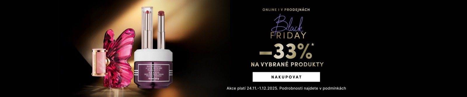 Black Friday sleva 33 % na vybrané produkty – luxusní kosmetika Sisley a parfém v růžovém flakonu. Online nabídka platí 24.11.–1.12.2025.