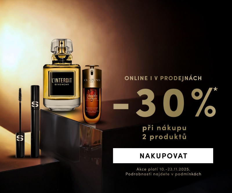 Luxusní parfémy Givenchy L’Interdit, sérum Clarins Double Serum a řasenka Sisley s akcí -30 % při nákupu dvou produktů, dostupné online i v prodejnách.