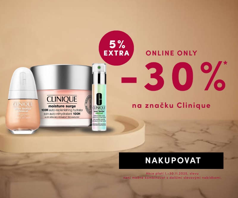 Online sleva 30 % na značku Clinique plus 5 % extra, akce platí 1.–30.11.2025. Na obrázku kosmetické produkty Clinique na béžovém pozadí.