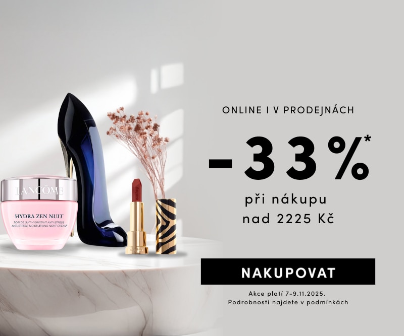 Online sleva 33 % při nákupu nad 2225 Kč, akce platí 7.–9.11.2025. Na obrázku krém Lancôme Hydra Zen, parfém ve tvaru lodičky a rtěnka na světlém pozadí.