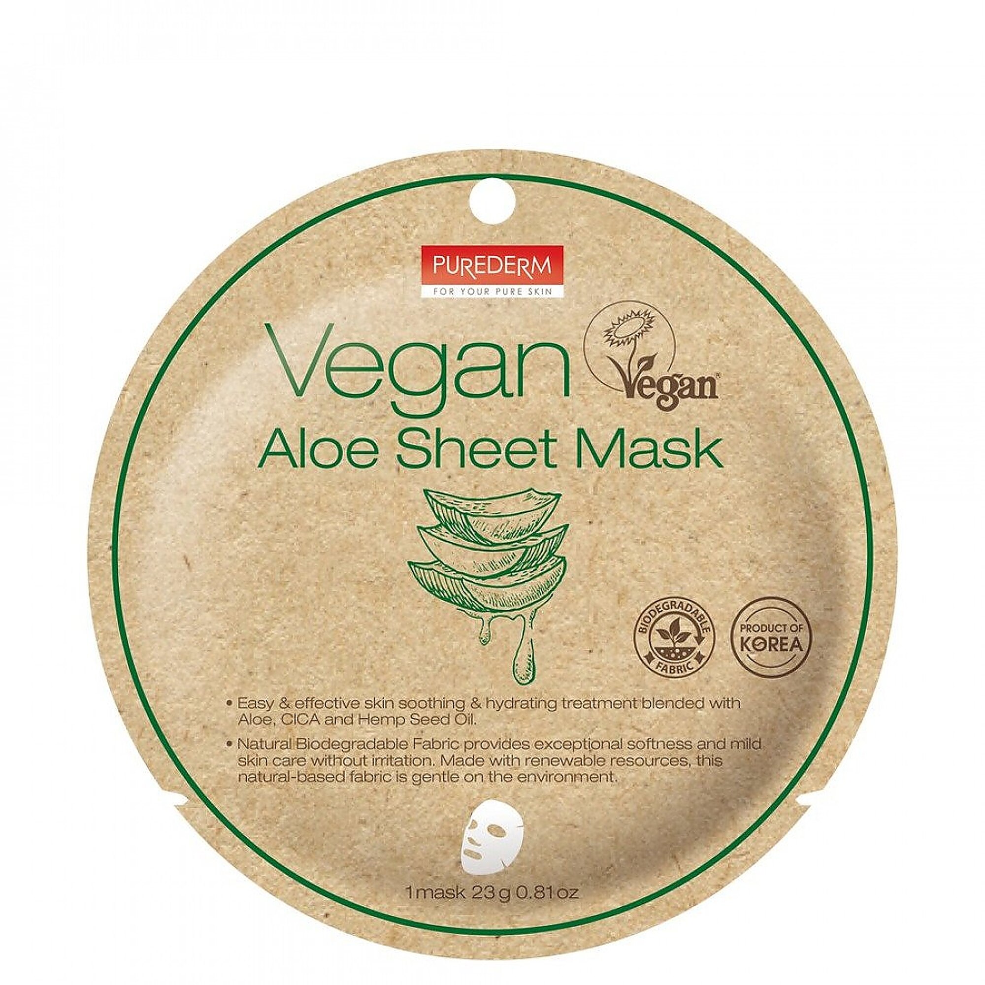 23 G PUREDERM VEGAN ALOE SHEET MASK Veganská pleťová maska 1 of 1 Veganská pleťová maska